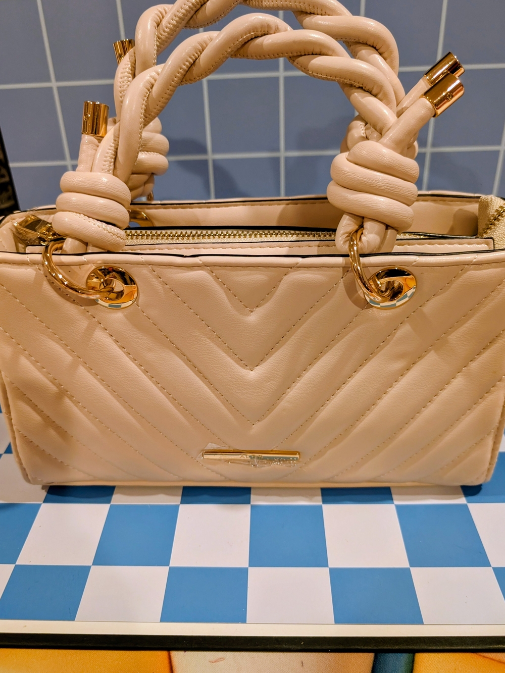 Aldo Cream Quilted Crossbody Handbag with Twisted Handles